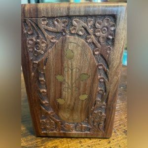 Pretty Pet Urn hand carved rosewood and brass inlay or decorative box 6x4x3 in